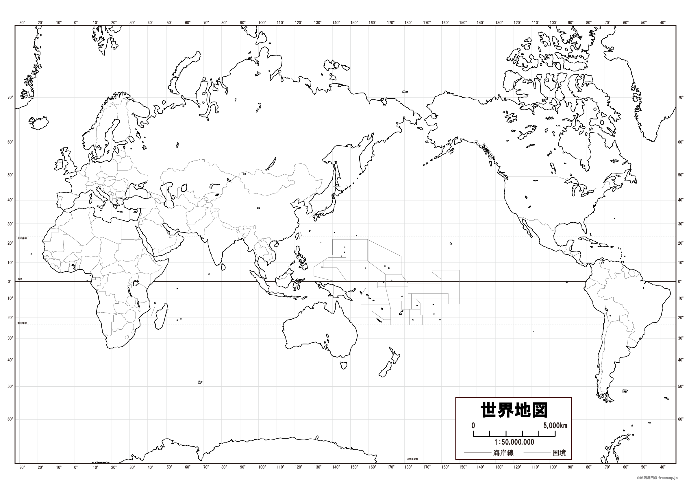 【白地図】世界地図-緯線経線あり